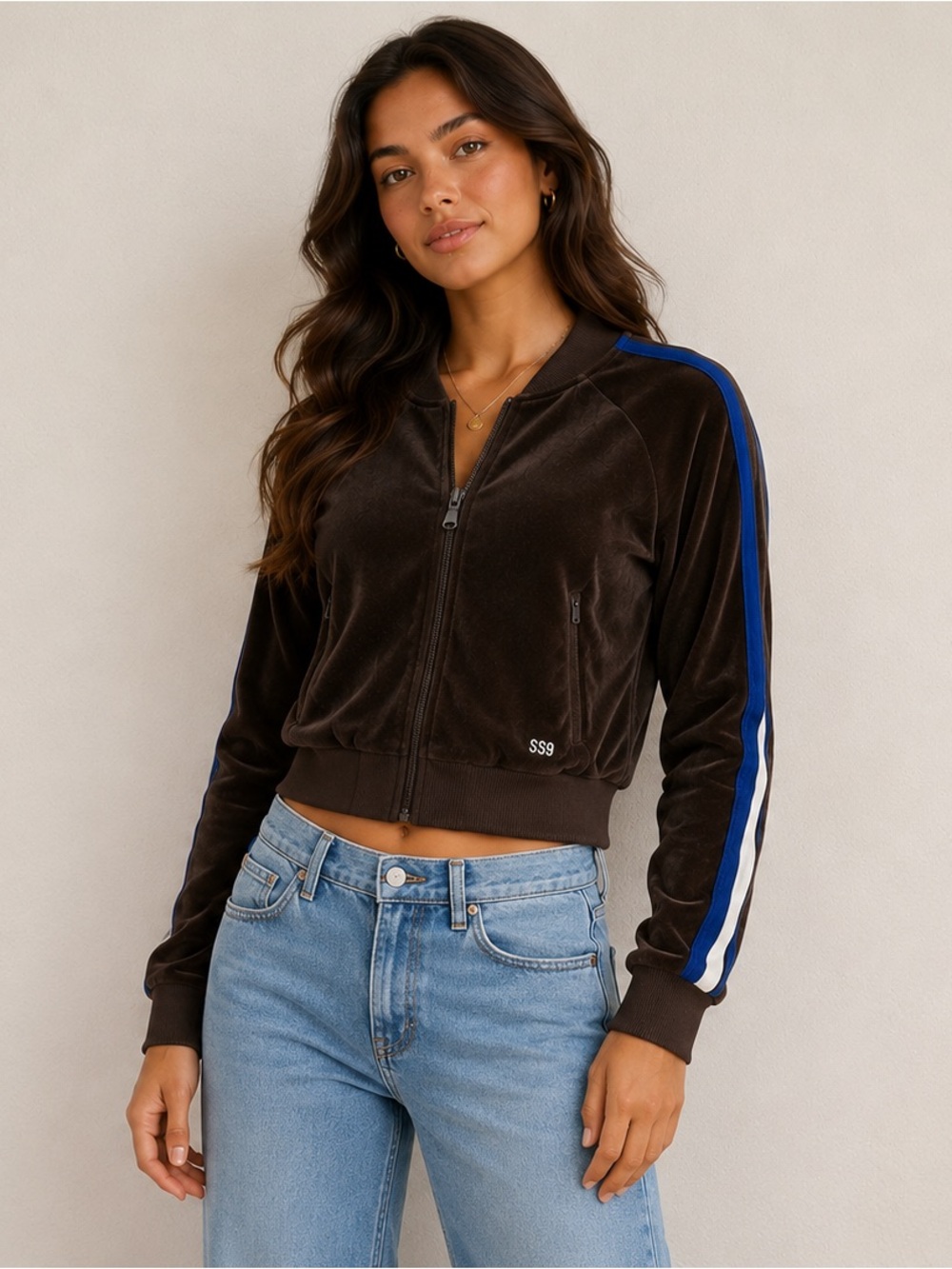 Splits59 Brown Velour Varsity Jacket with Blue & White Stripes